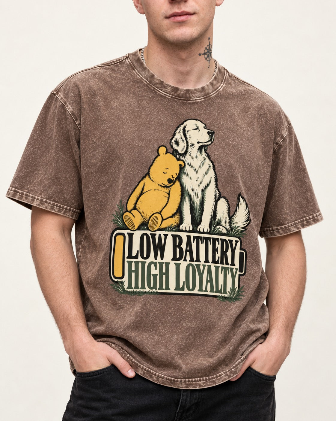 Golden Retriever Low Battery High Loyalty Washed Tee in Coffee, worn by a model, front view