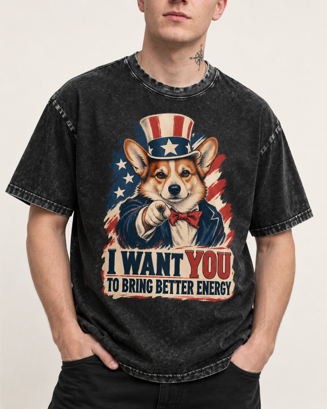 Corgi I Want You to Bring Better Energy Uncle Sam Washed Tee in Black, worn by a model, front view