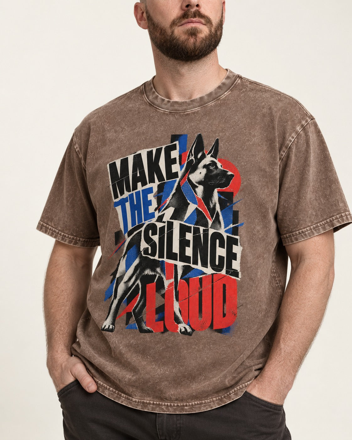 German Shepherd Dog Make the Silence Loud Washed Tee in Coffee, worn by a model, front view