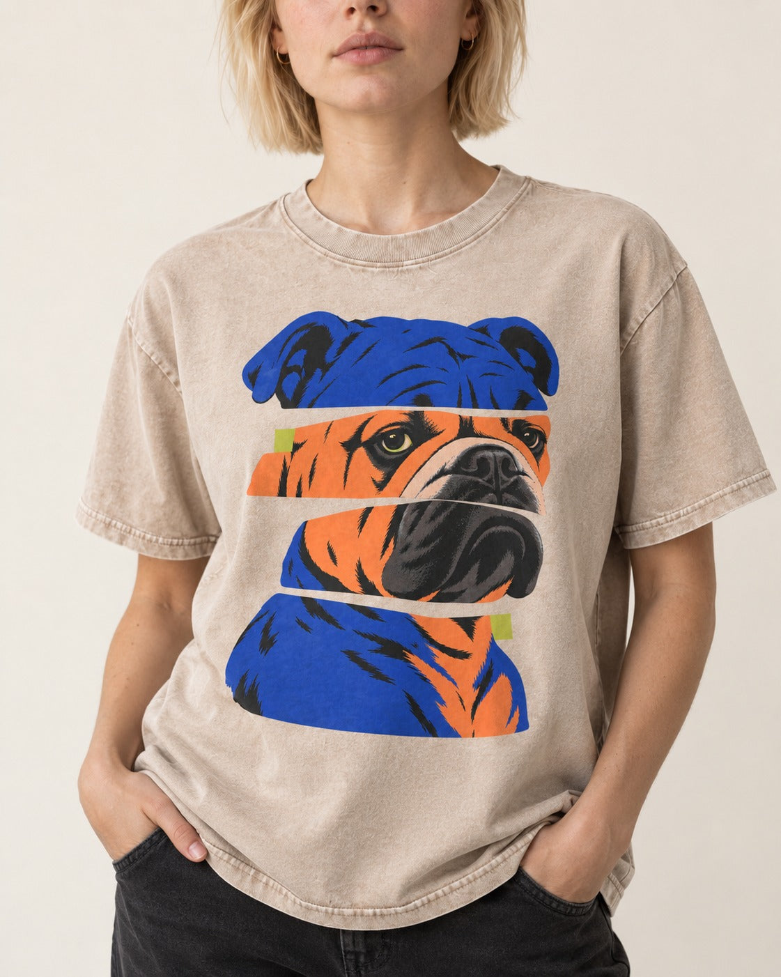 English Bulldog Unbreakable Washed Tee in Apricot, worn by a model, front view