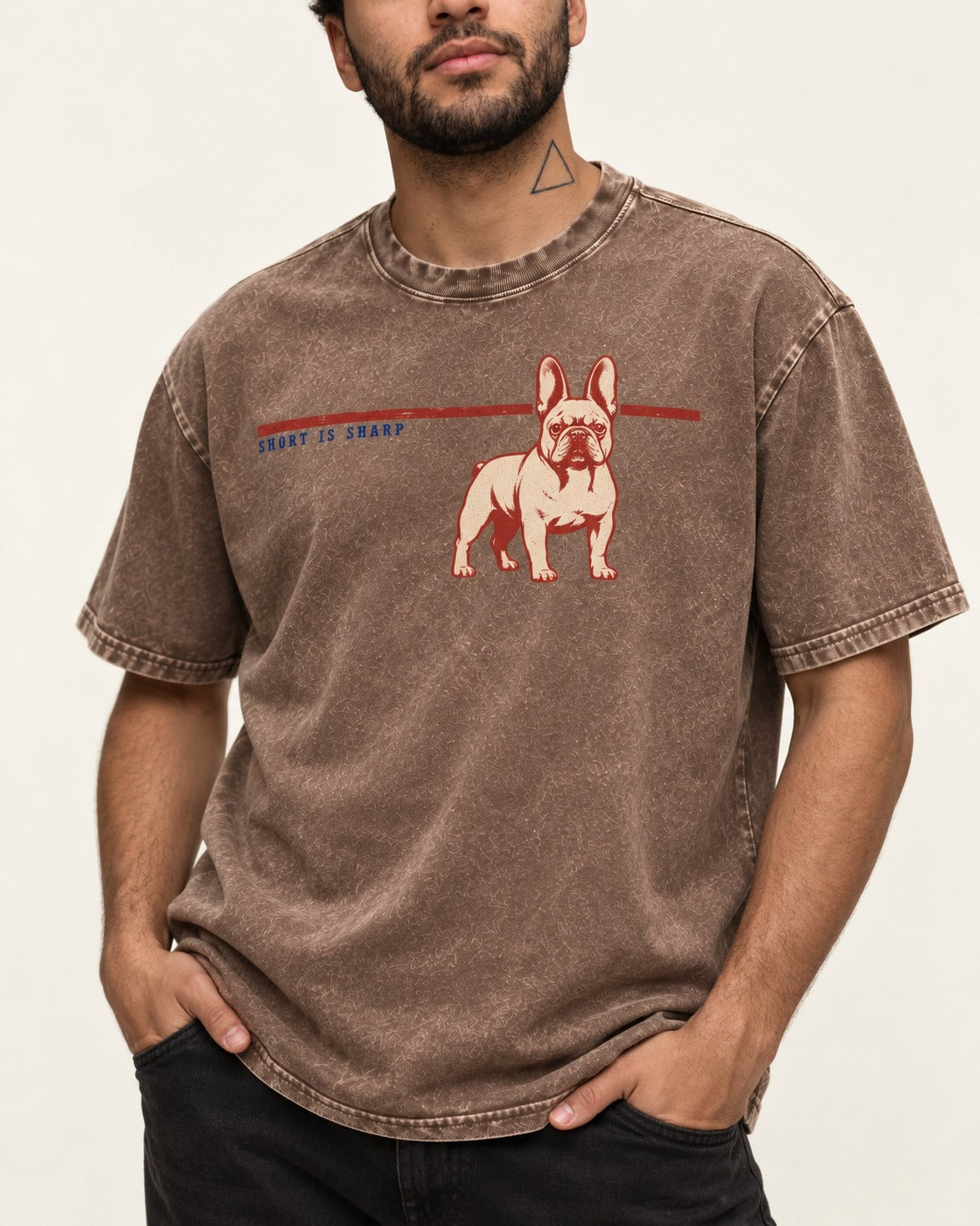 Short Is Sharp Frenchie Washed Tee in Coffee, worn by a model, front view