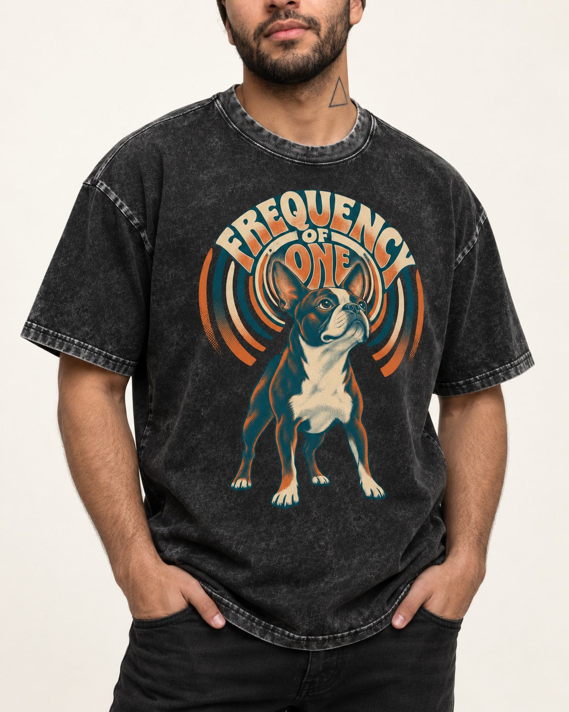 Frequency of One Boston Terrier Graphic Washed Tee in Black, worn by a model, front view