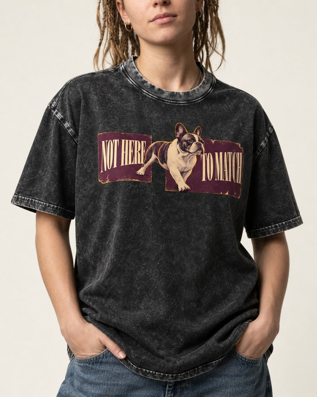 Frenchie Not Here to Watch Panels Graphic Washed Tee in Black, worn by a model, front view