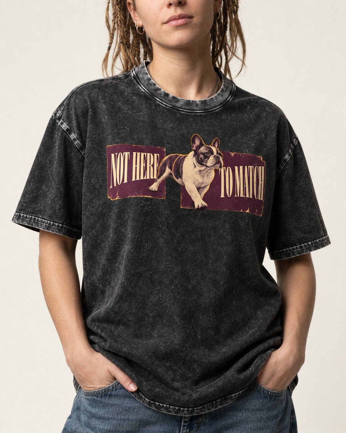 Frenchie Not Here to Watch Panels Graphic Washed Tee in Black, worn by a model, front view