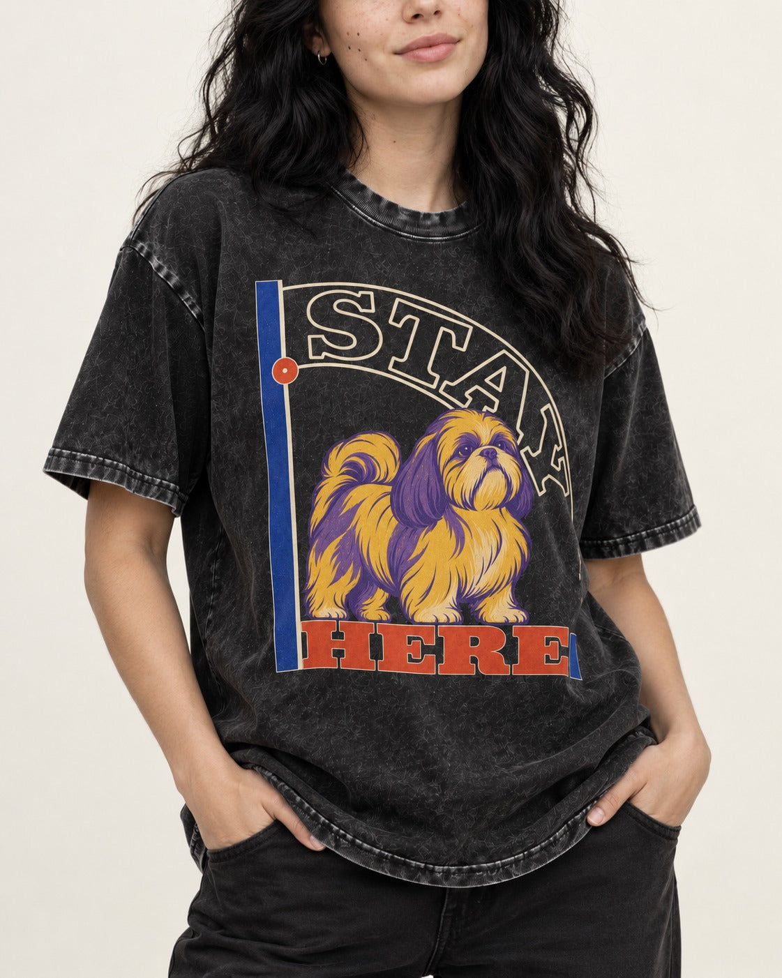 Shih Tzu Stay Here Semicircle Sign Graphic Washed Tee in Black, worn by a model, front view