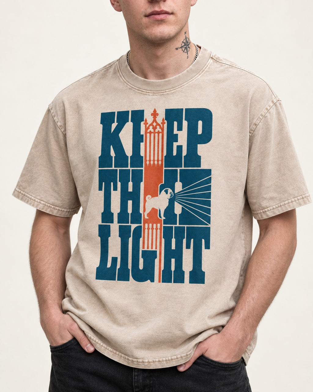 Keep the Pug Fight Washed Tee in Apricot, worn by a model, front view