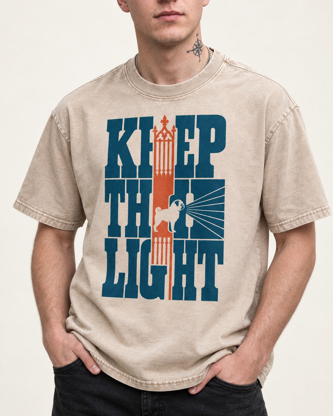 Keep the Pug Fight Washed Tee in Apricot, worn by a model, front view