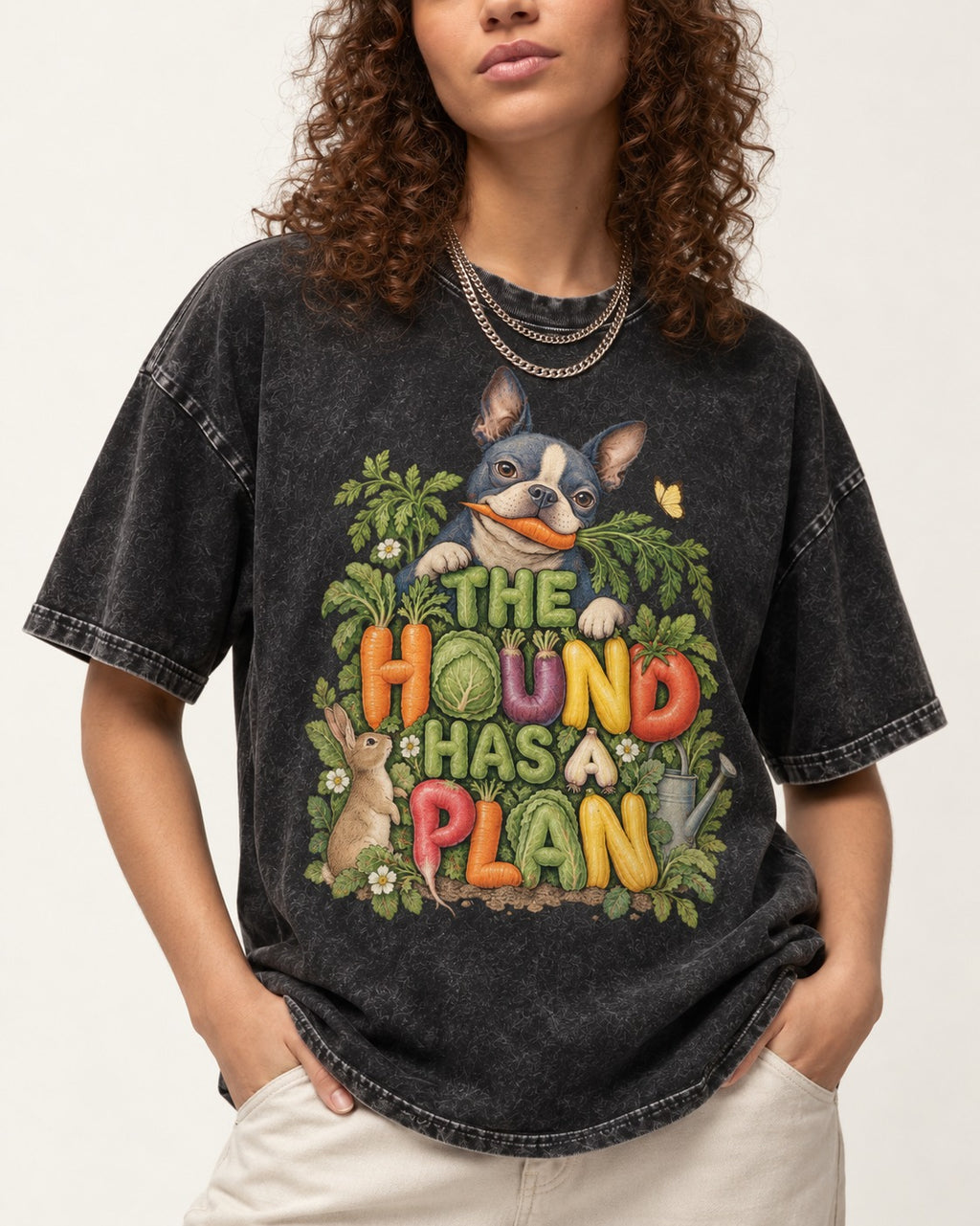 The Hound Has a Plan Boston Terrier Washed Tee in Black, worn by a model, front view