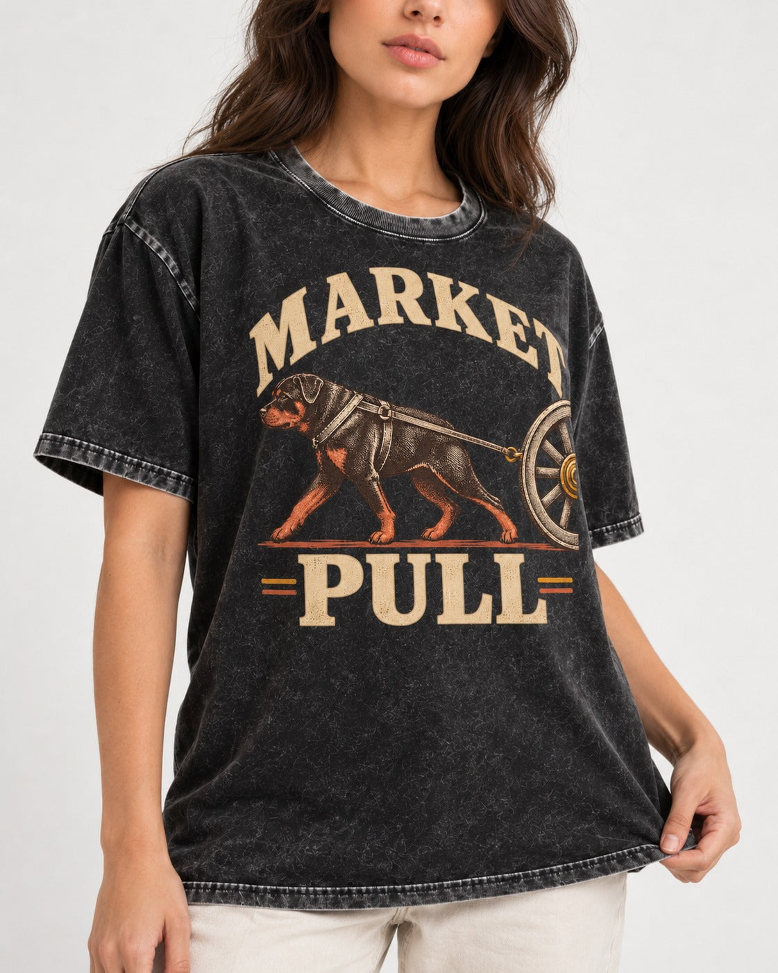 Market Pull Rottweiler Cart Harness Graphic Washed Tee in Black, worn by a model, front view