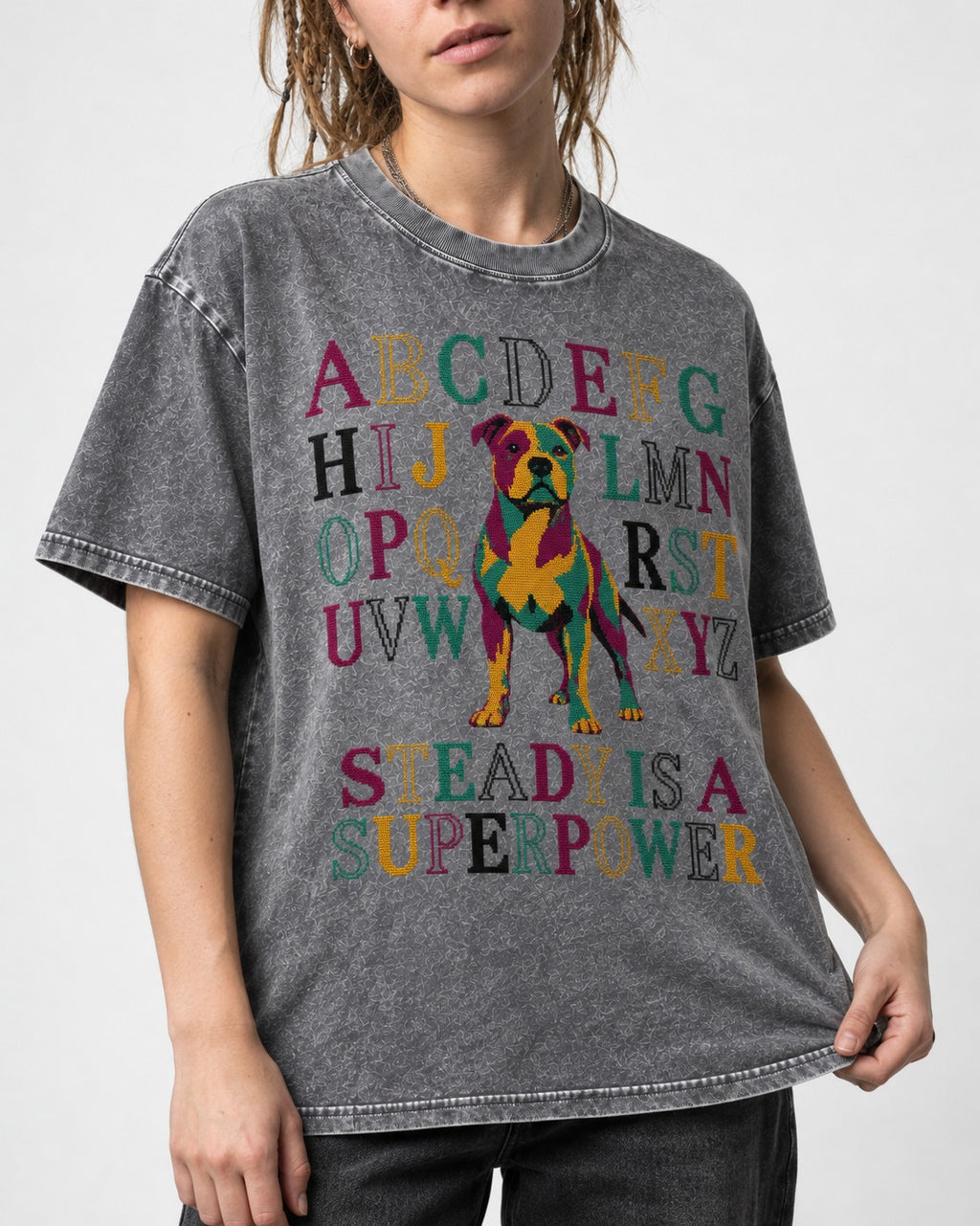 Pitbull Steady Is a Superpower Alphabet Graphic Washed Tee in Gray, worn by a model, front view