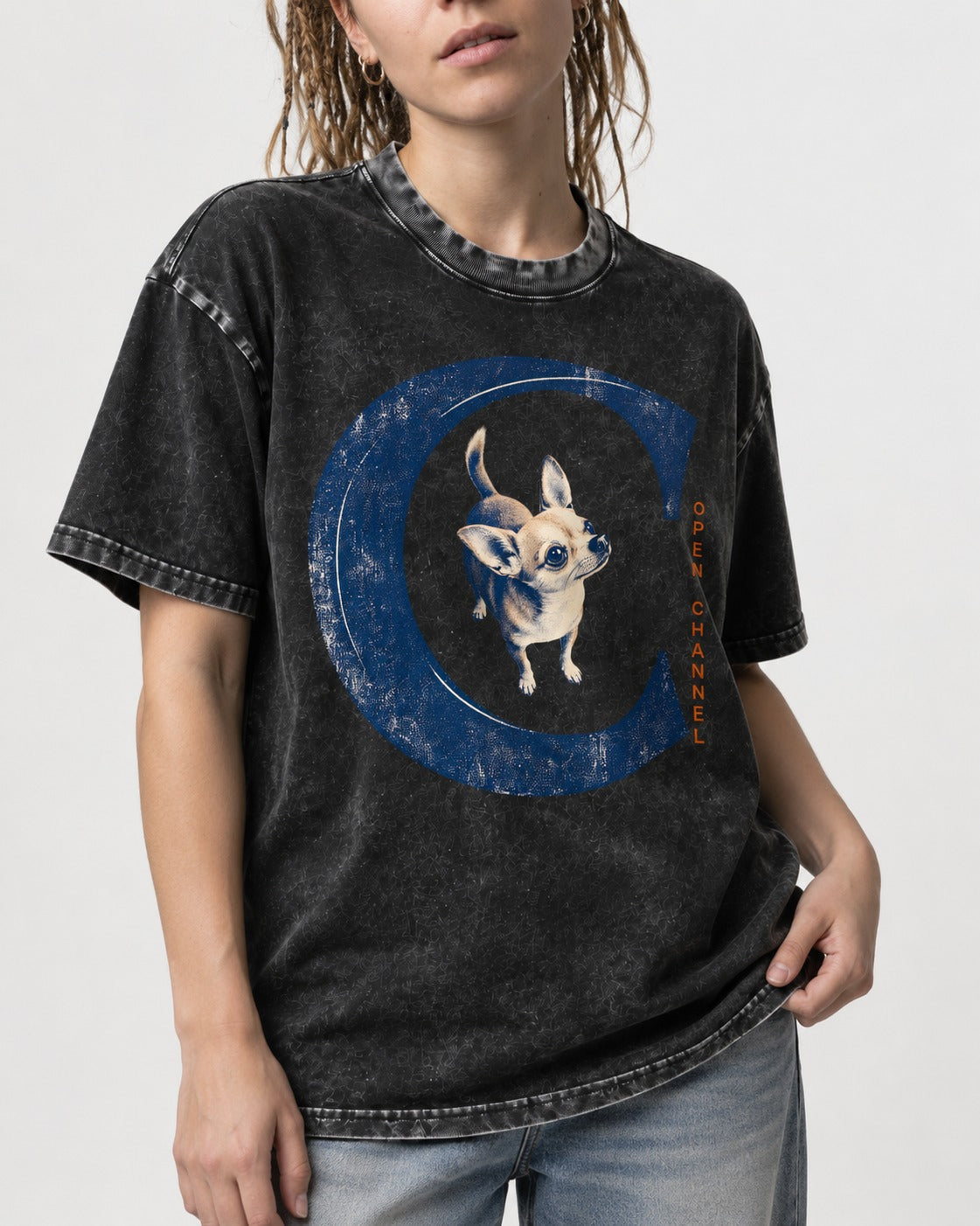 Chihuahua Open Channel Washed Tee in Black, worn by a model, front view
