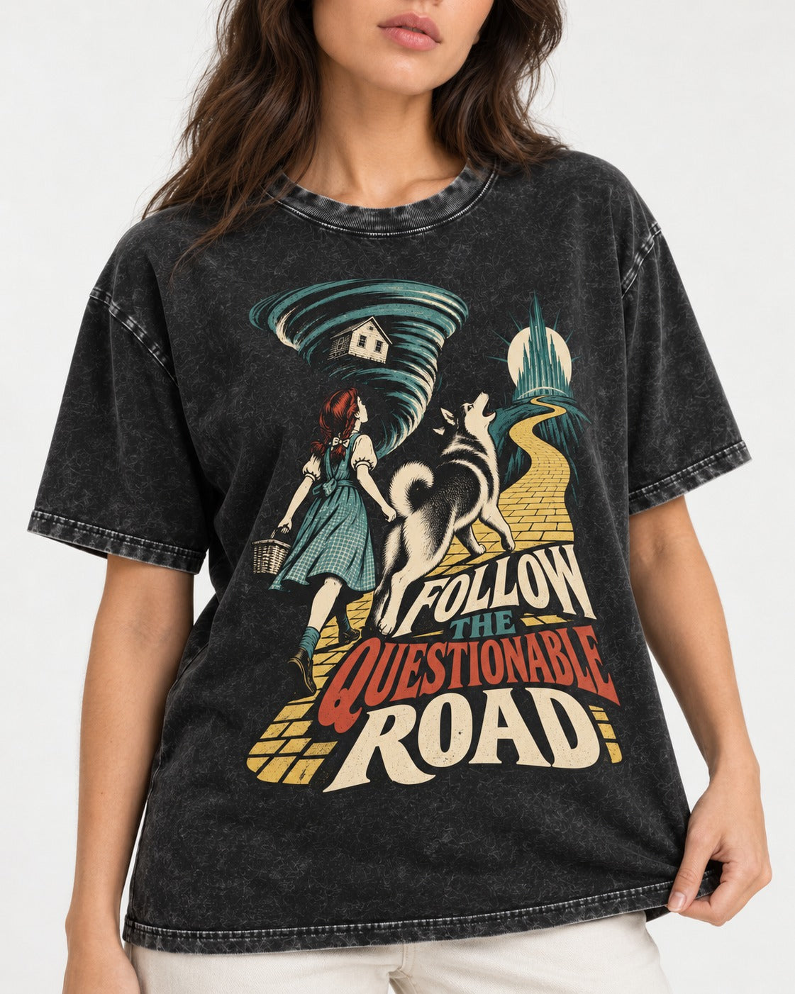 Husky Follow the Questionable Road Tornado Graphic Washed Tee in Black, worn by a model, front view
