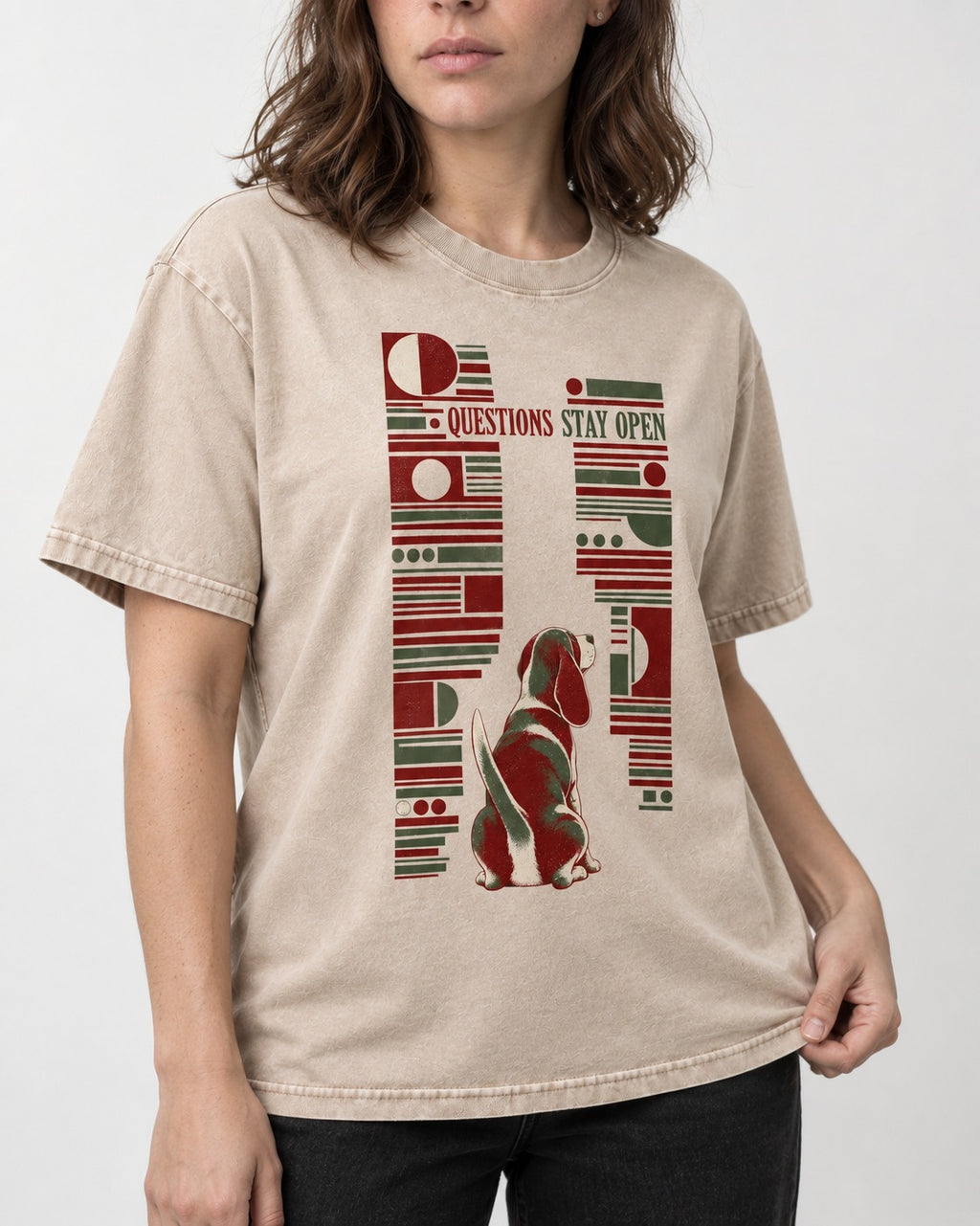 Beagle Questions Stay Open Washed Tee in Apricot, worn by a model, front view