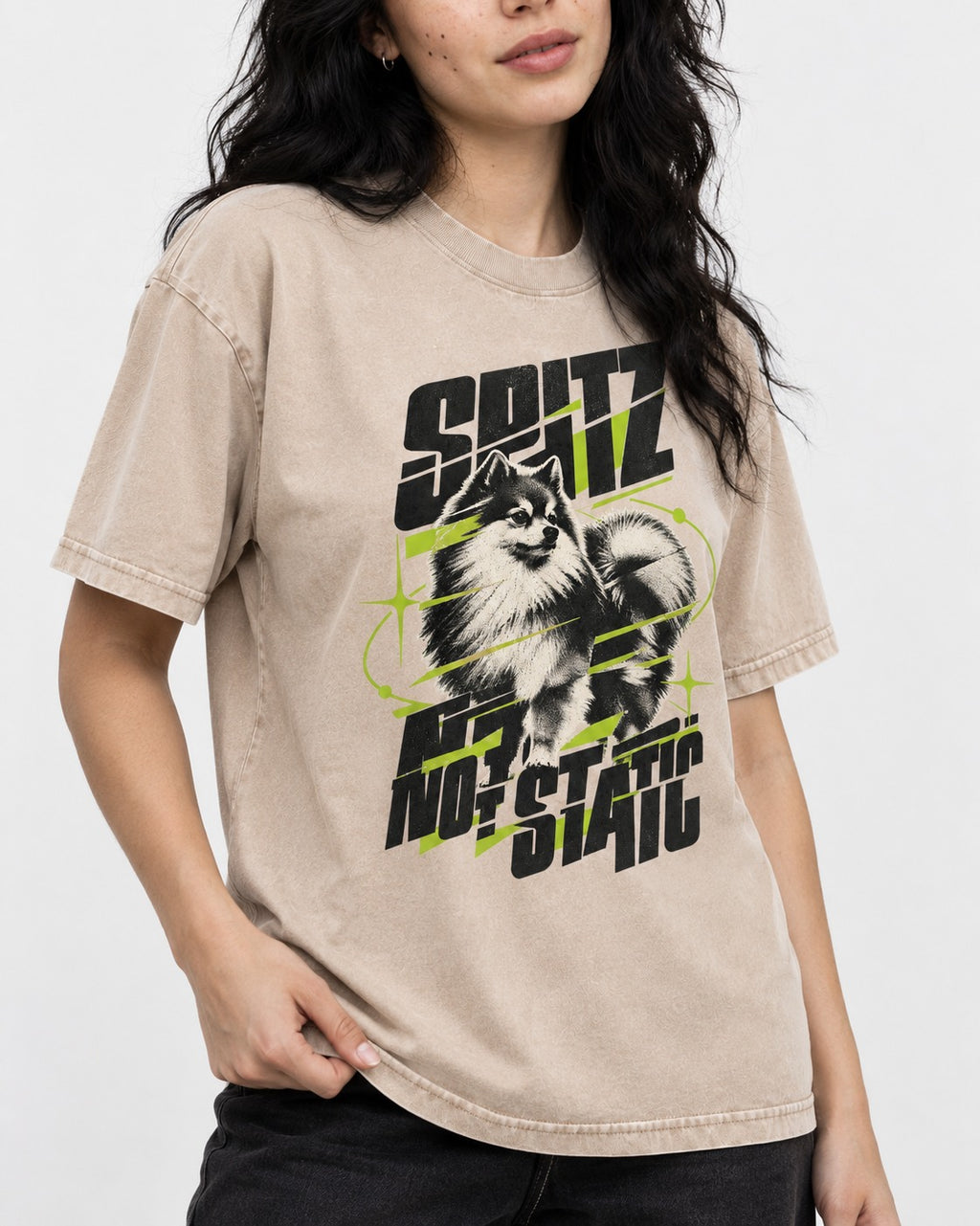 Pomeranian Not Static Washed Tee in Apricot, worn by a model, front view