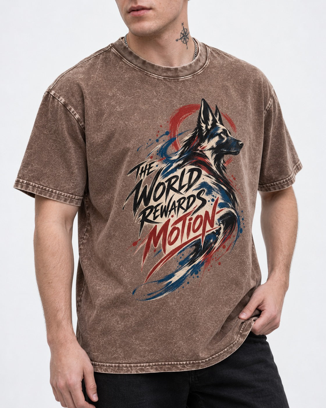 German Shepherd Dog The World Rewards Motion Washed Tee in Coffee, worn by a model, front view