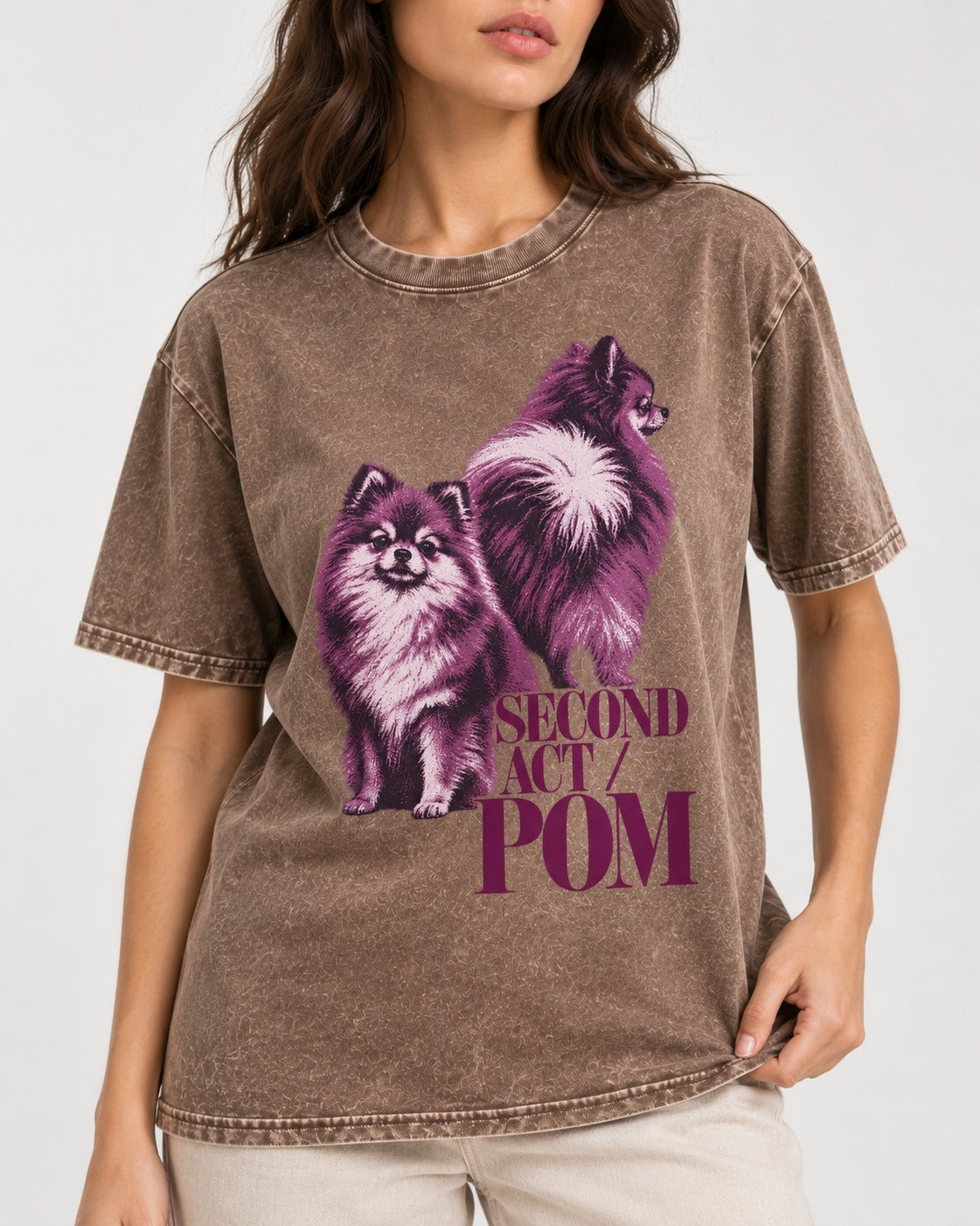 Second Act Pomeranian Washed Tee in Coffee, worn by a model, front view