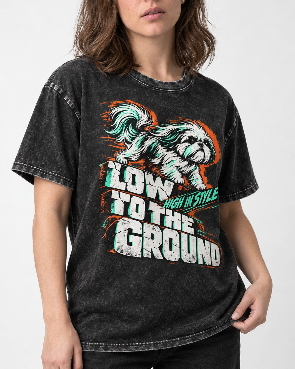 Shih Tzu Low to the Ground High in Style Streetwear Graphic Washed Tee in Black, worn by a model, front view