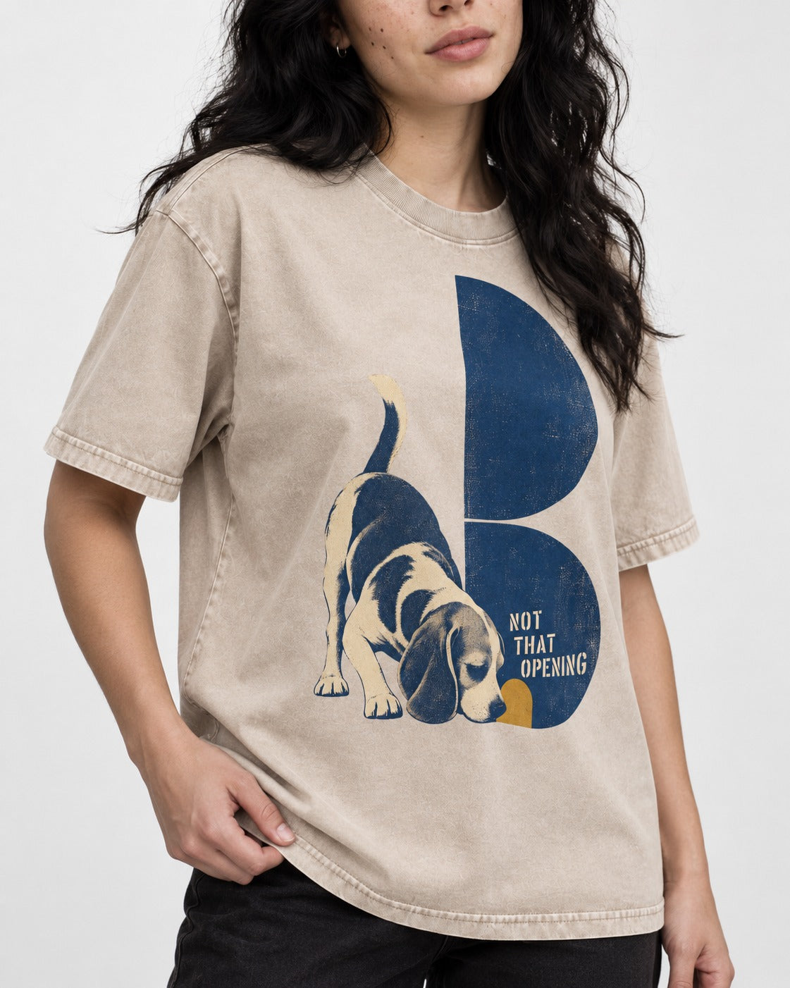 Not That Opening Beagle Washed Tee in Apricot, worn by a model, front view