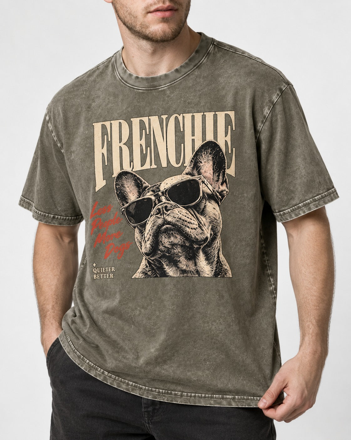 Frenchie Less People More Dogs Sunglasses Graphic Washed Tee in Army Green, worn by a model, front view
