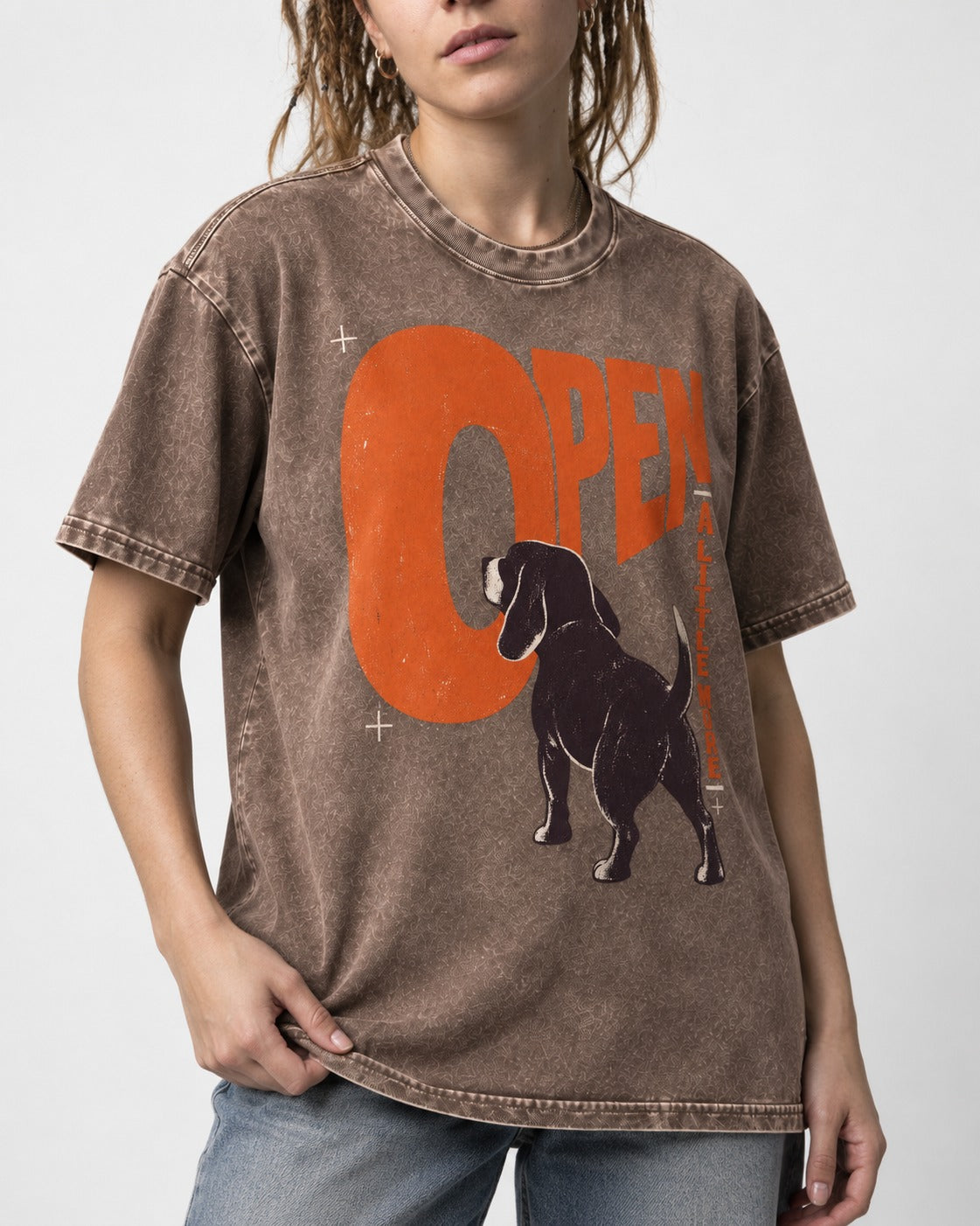 Open a Little More Beagle Washed Tee in Coffee, worn by a model, front view
