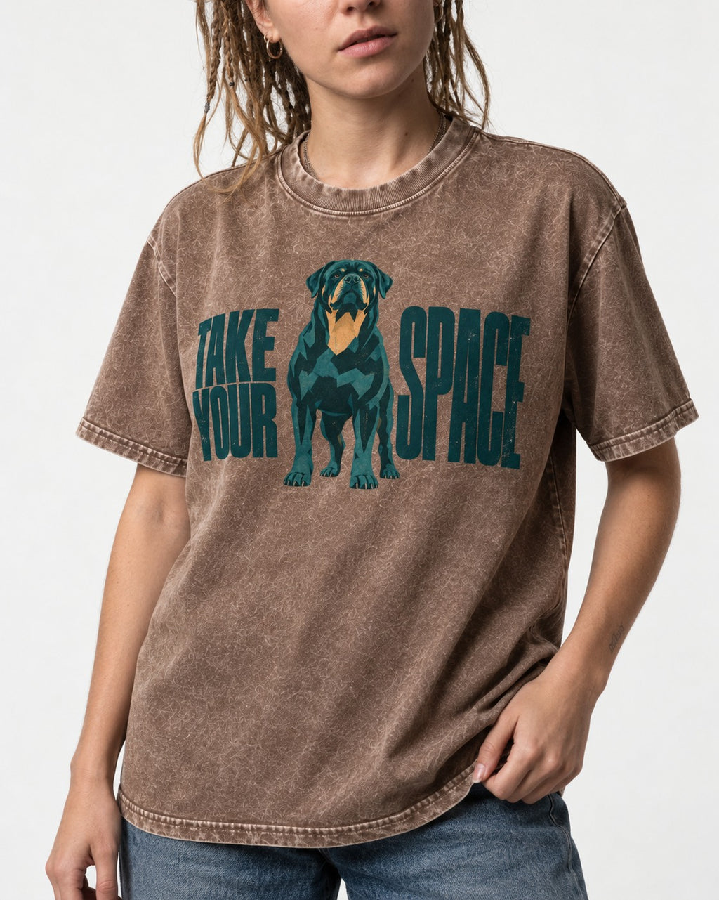 Rottweiler Take Your Space Washed Tee in Coffee, worn by a model, front view
