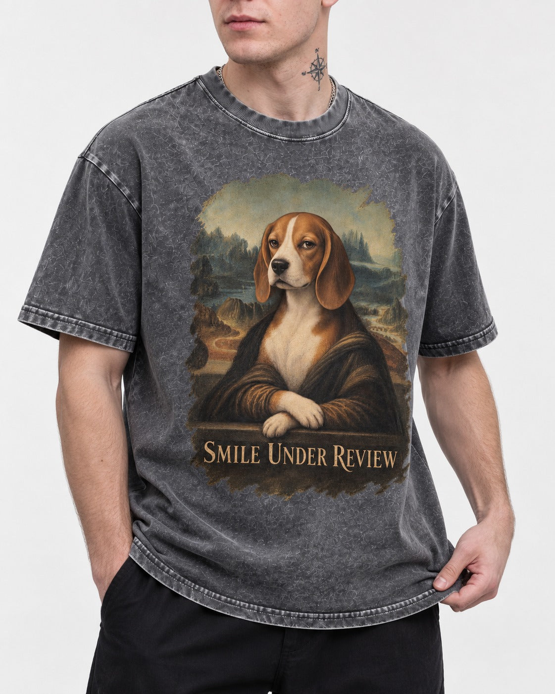 Smile Under Review Beagle Portrait Washed Tee in Gray, worn by a model, front view