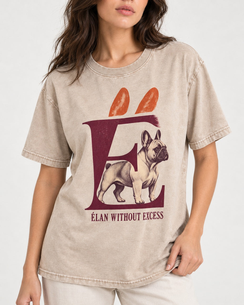 Frenchie Without Excess Washed Tee in Apricot, worn by a model, front view