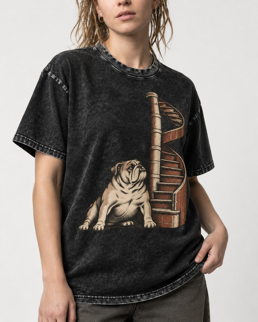 English Bulldog Spiral Staircase Graphic Washed Tee in Black, worn by a model, front view