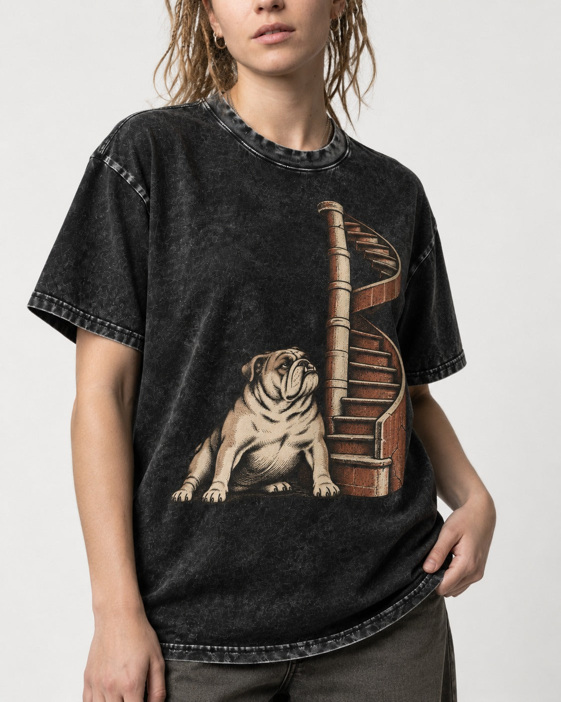 English Bulldog Spiral Staircase Graphic Washed Tee in Black, worn by a model, front view