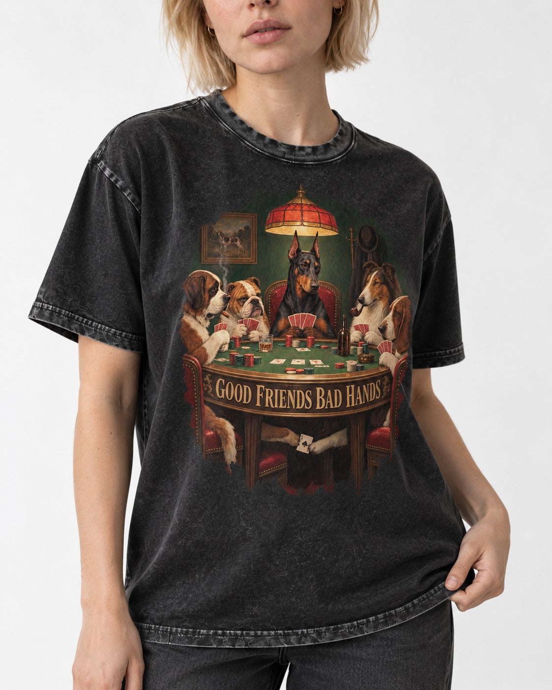 Doberman Good Friends Bad Hands Poker Night Graphic Washed Tee in Black, worn by a model, front view