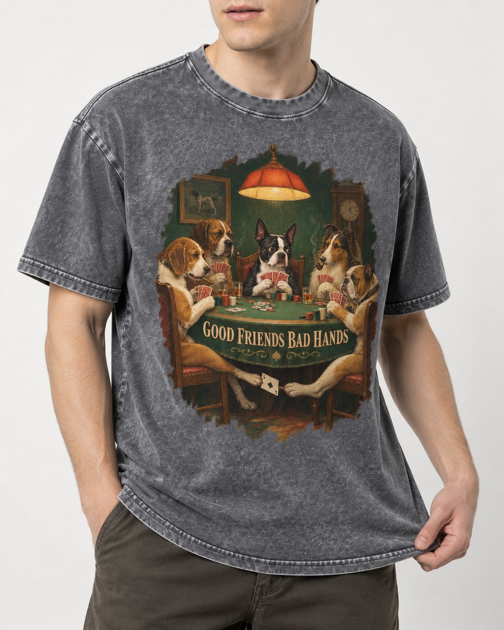 Good Friends Bad Hands Boston Terrier Poker Night Washed Tee in Gray, worn by a model, front view
