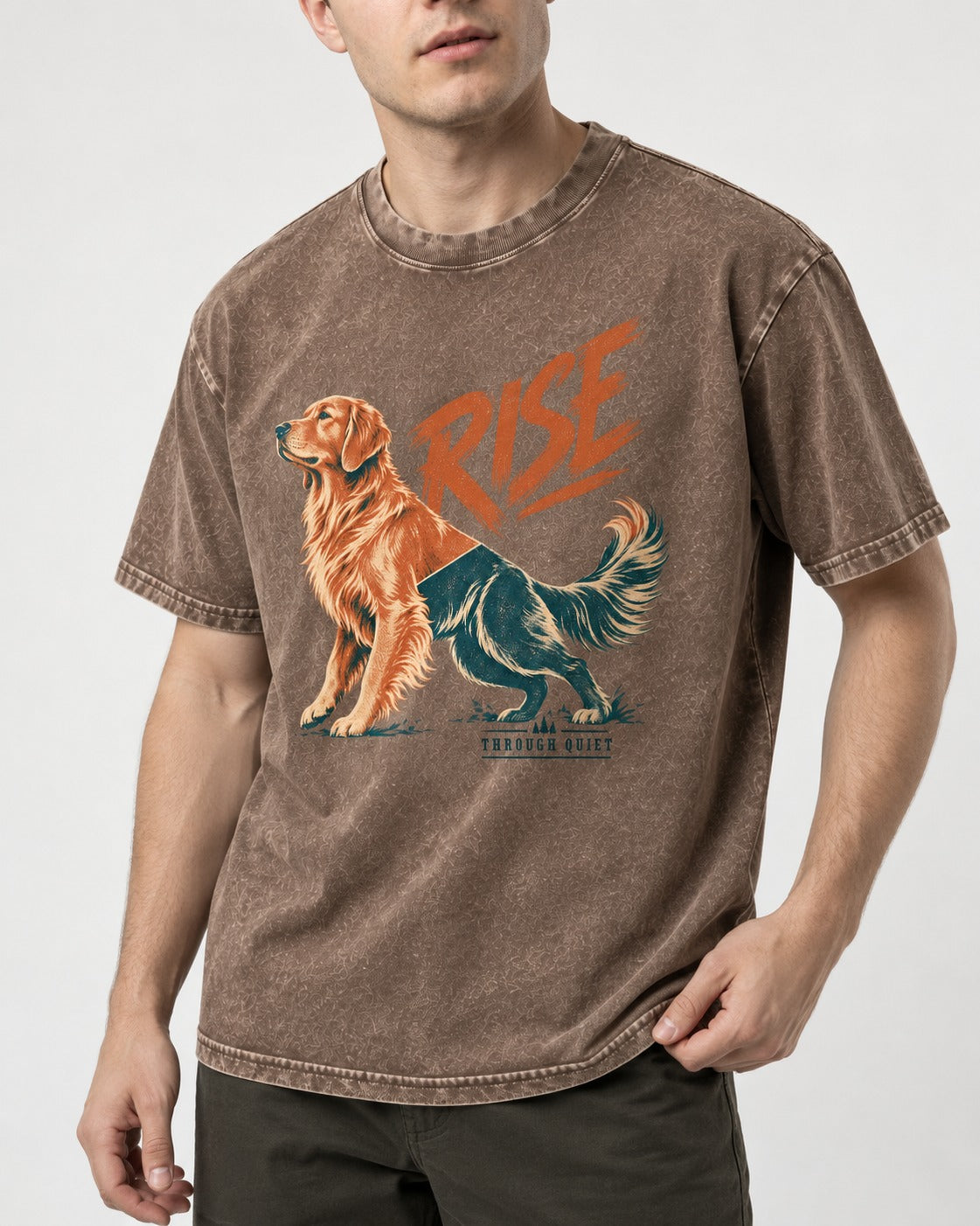 Golden Retriever Rise Through Quiet Washed Tee in Coffee, worn by a model, front view