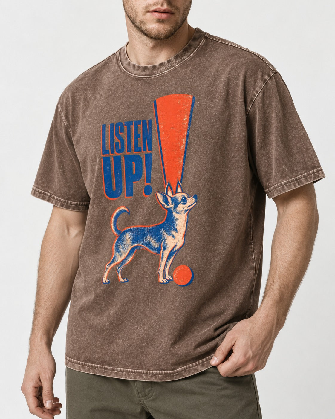 Listen Up Chihuahua Washed Tee in Coffee, worn by a model, front view