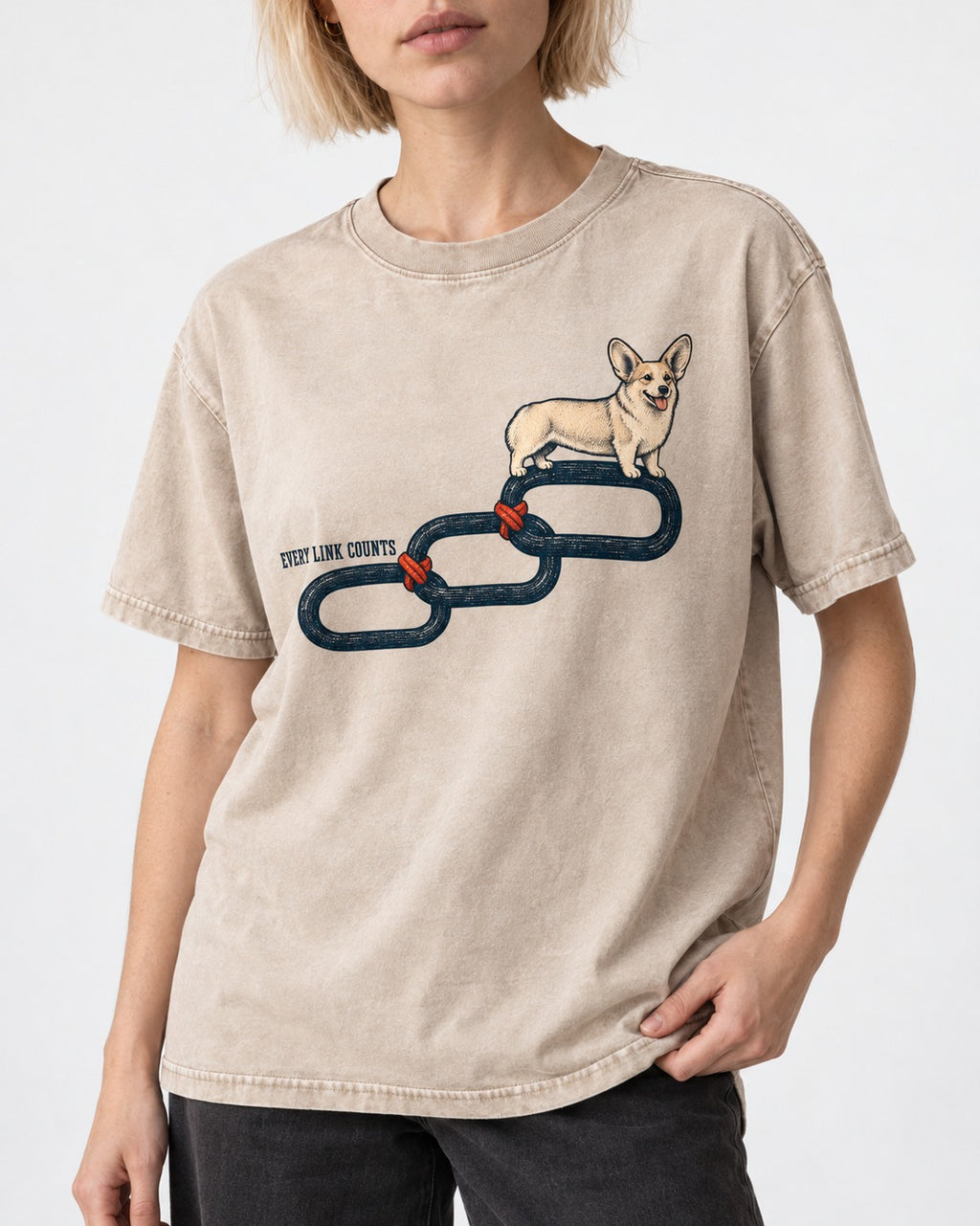 Every Corgi Link Counts Washed Tee in Apricot, worn by a model, front view