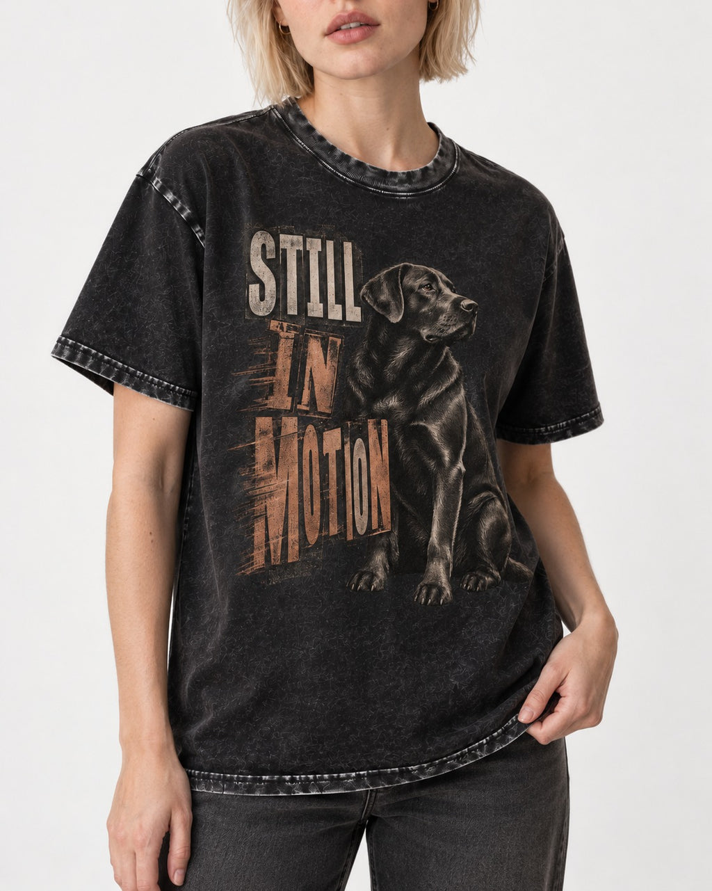 Labrador Retriever Still in Motion Seated Graphic Washed Tee in Black, worn by a model, front view