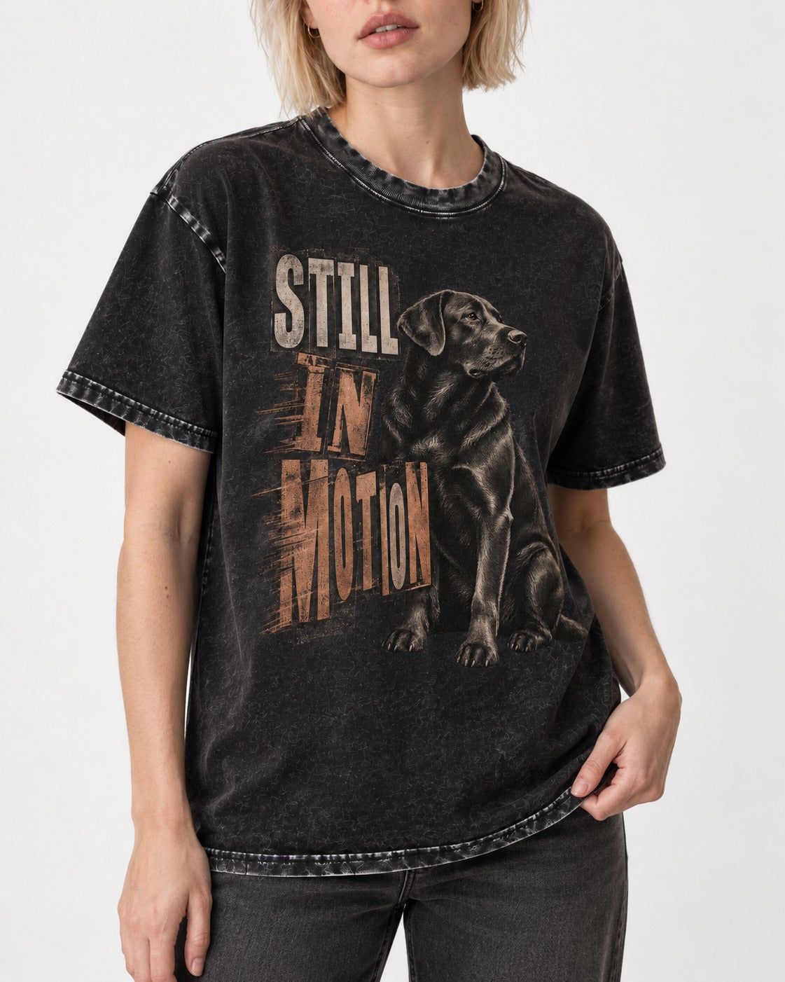 Labrador Retriever Still in Motion Seated Graphic Washed Tee in Black, worn by a model, front view