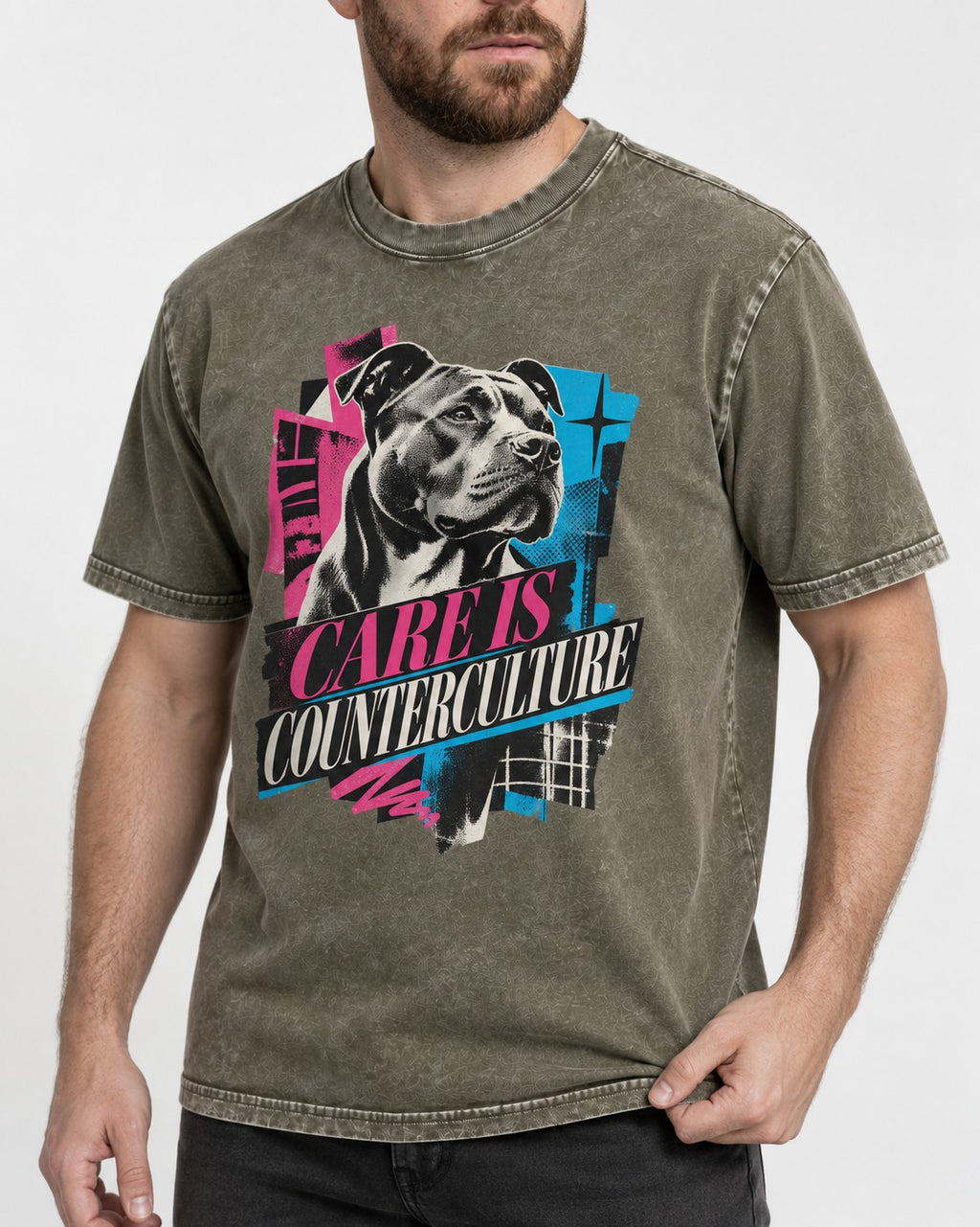 Pitbull Care Is Counterculture Neon Collage Portrait Graphic Washed Tee in Army Green, worn by a model, front view