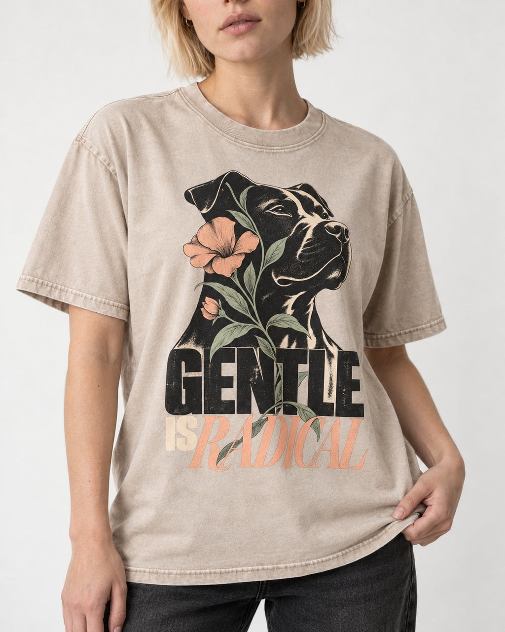 Gentle Pitbull Is Radical Washed Tee in Apricot, worn by a model, front view