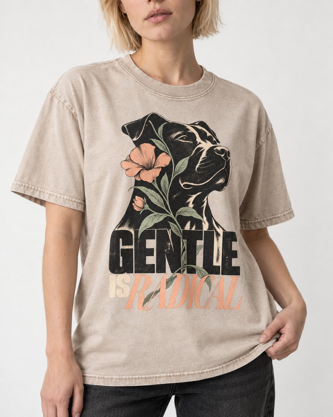 Gentle Pitbull Is Radical Washed Tee in Apricot, worn by a model, front view