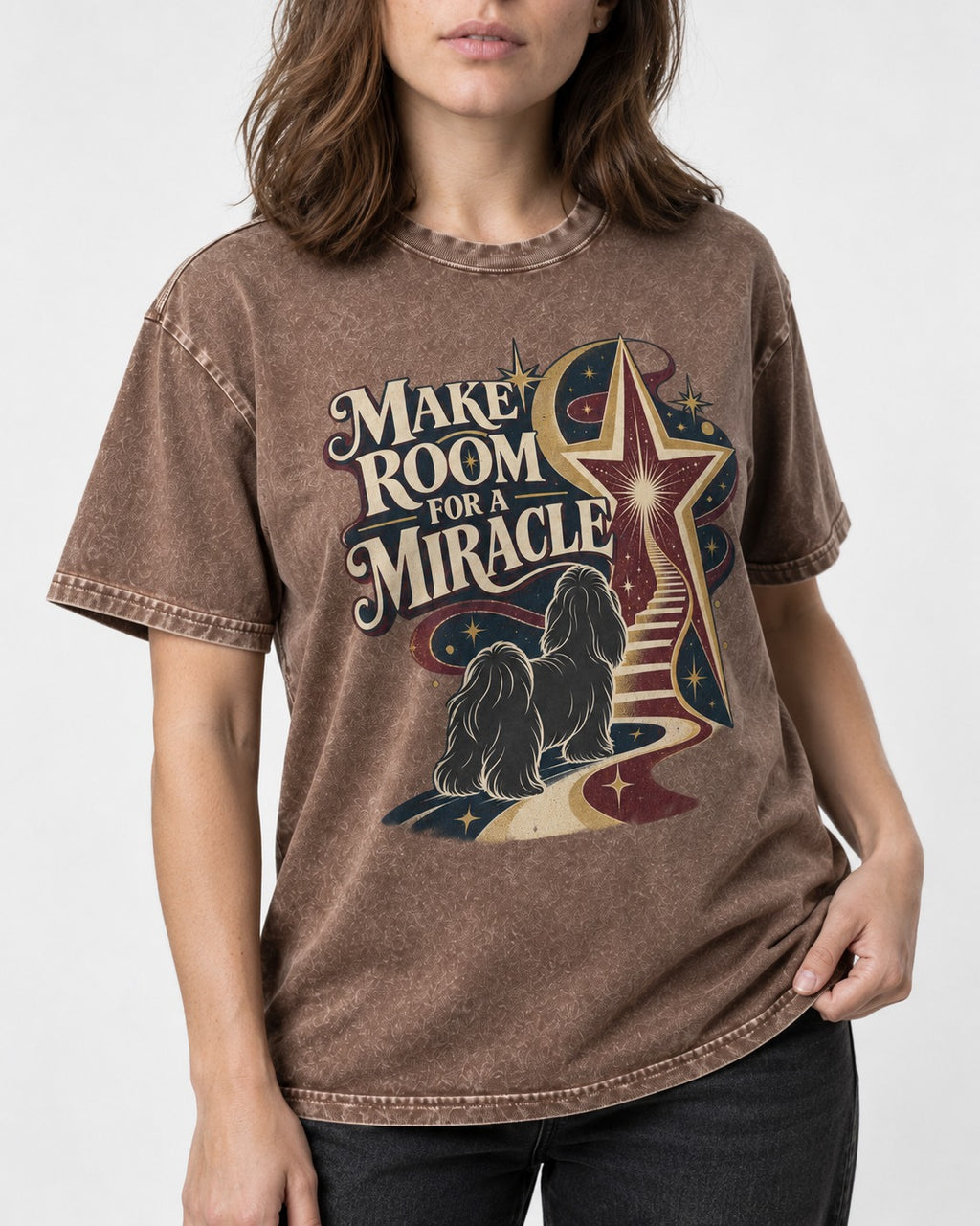 Room for a Shih Tzu Miracle Washed Tee in Coffee, worn by a model, front view