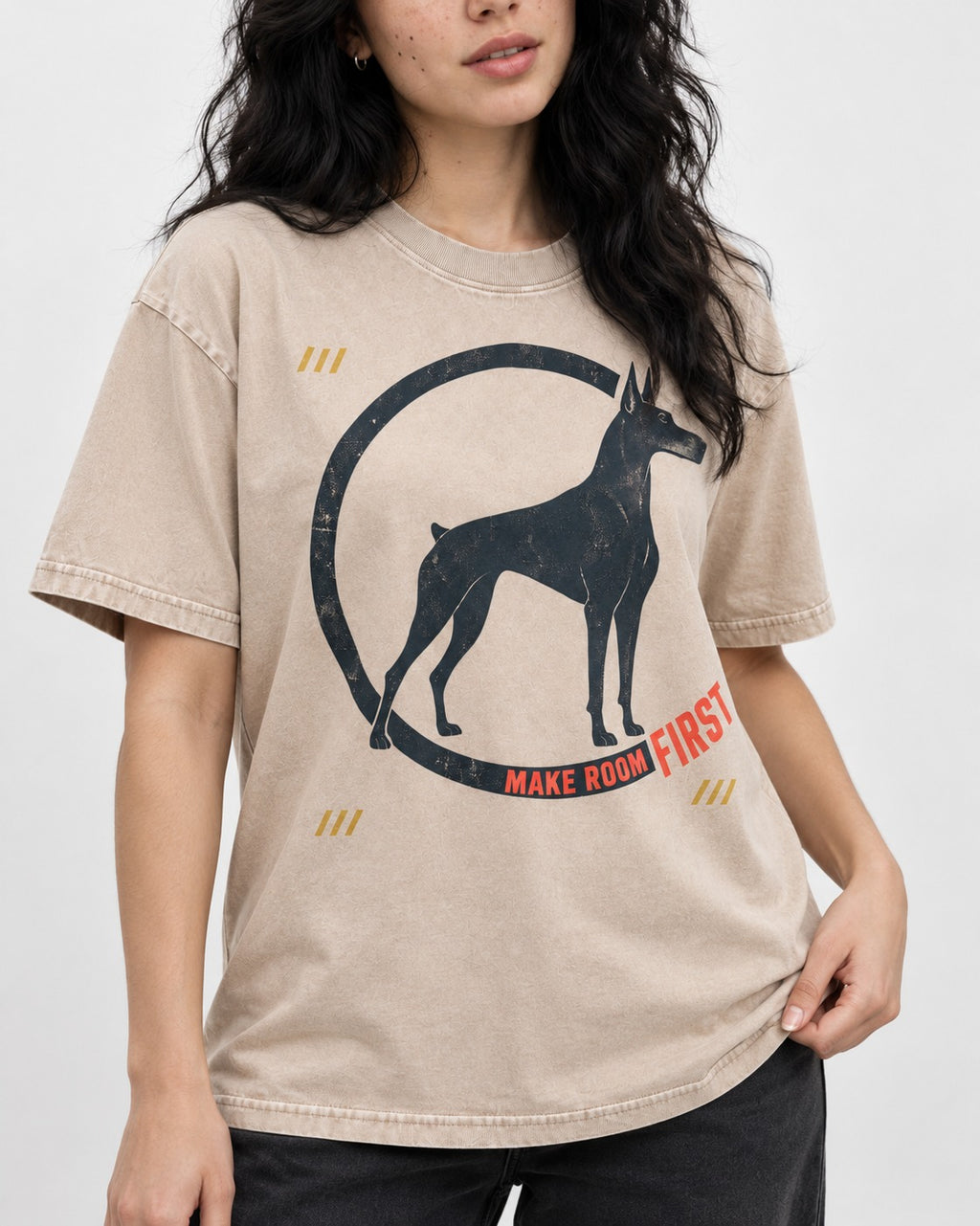 Make Room First Doberman Washed Tee in Apricot, worn by a model, front view