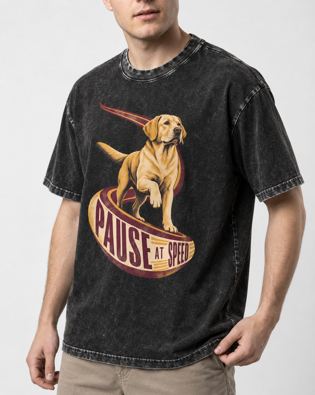 Labrador Retriever Pause at Speed Ribbon Graphic Washed Tee in Black, worn by a model, front view