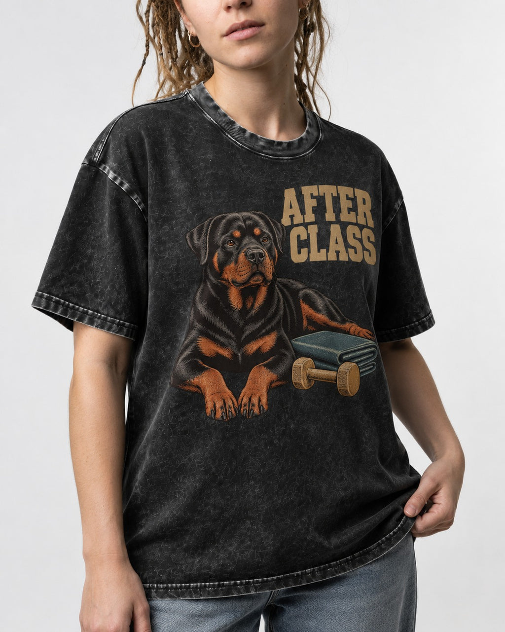 Rottweiler After Class Books and Dumbbell Graphic Washed Tee in Black, worn by a model, front view