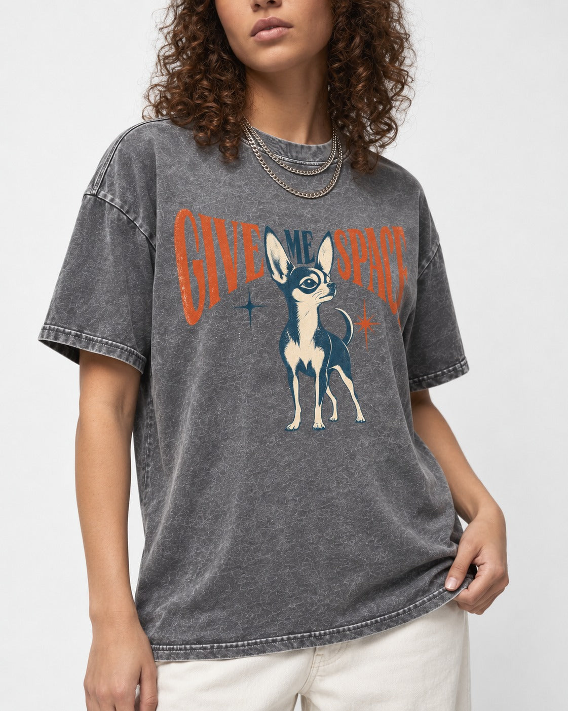 Chihuahua Give Me Space Starburst Graphic Washed Tee in Gray, worn by a model, front view