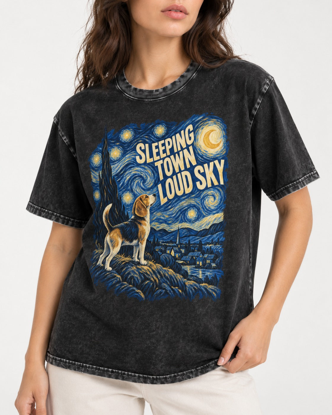 Sleeping Town Loud Sky Beagle Nightscape Washed Tee in Black, worn by a model, front view