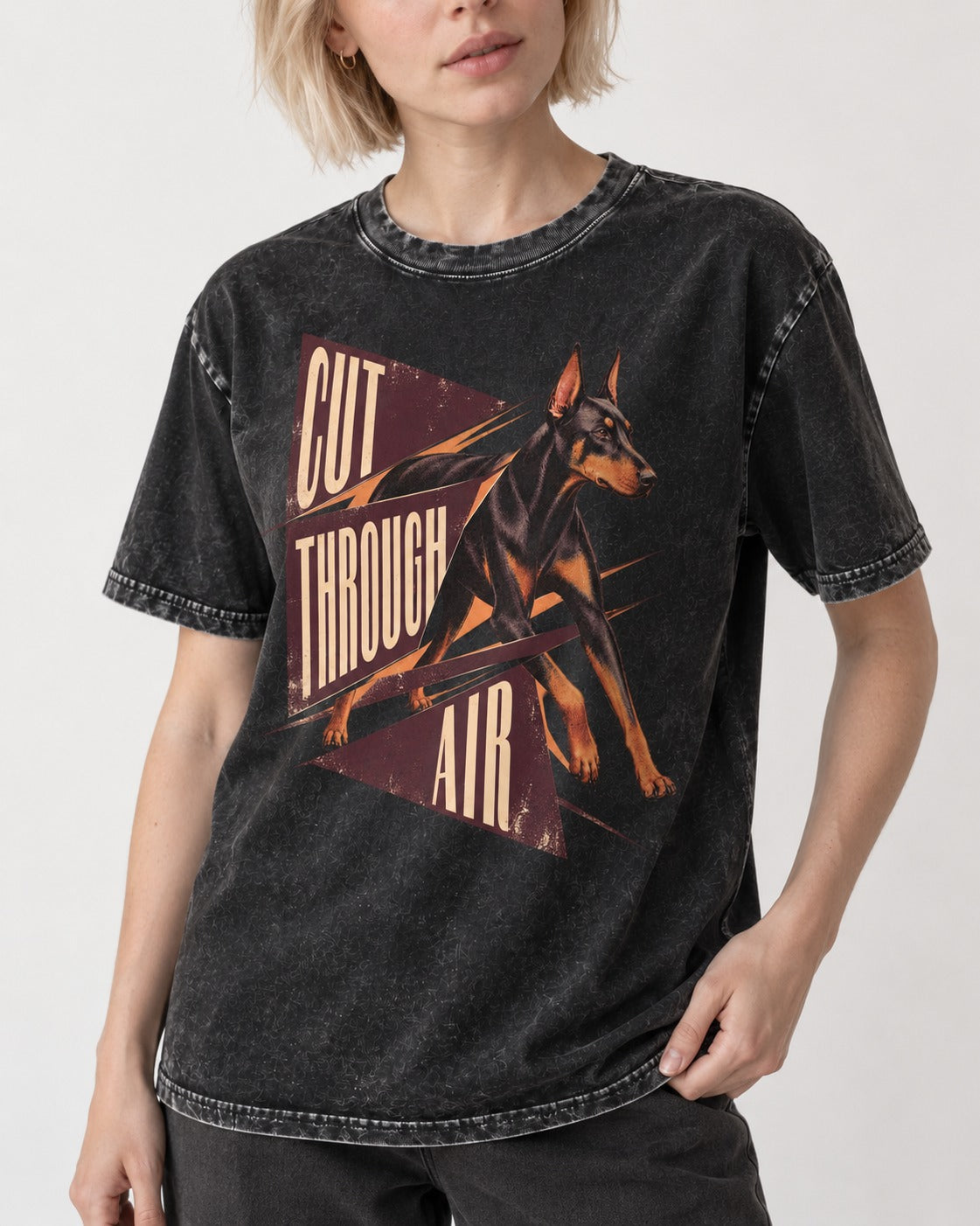 Doberman Cut Through Air Graphic Washed Tee in Black, worn by a model, front view
