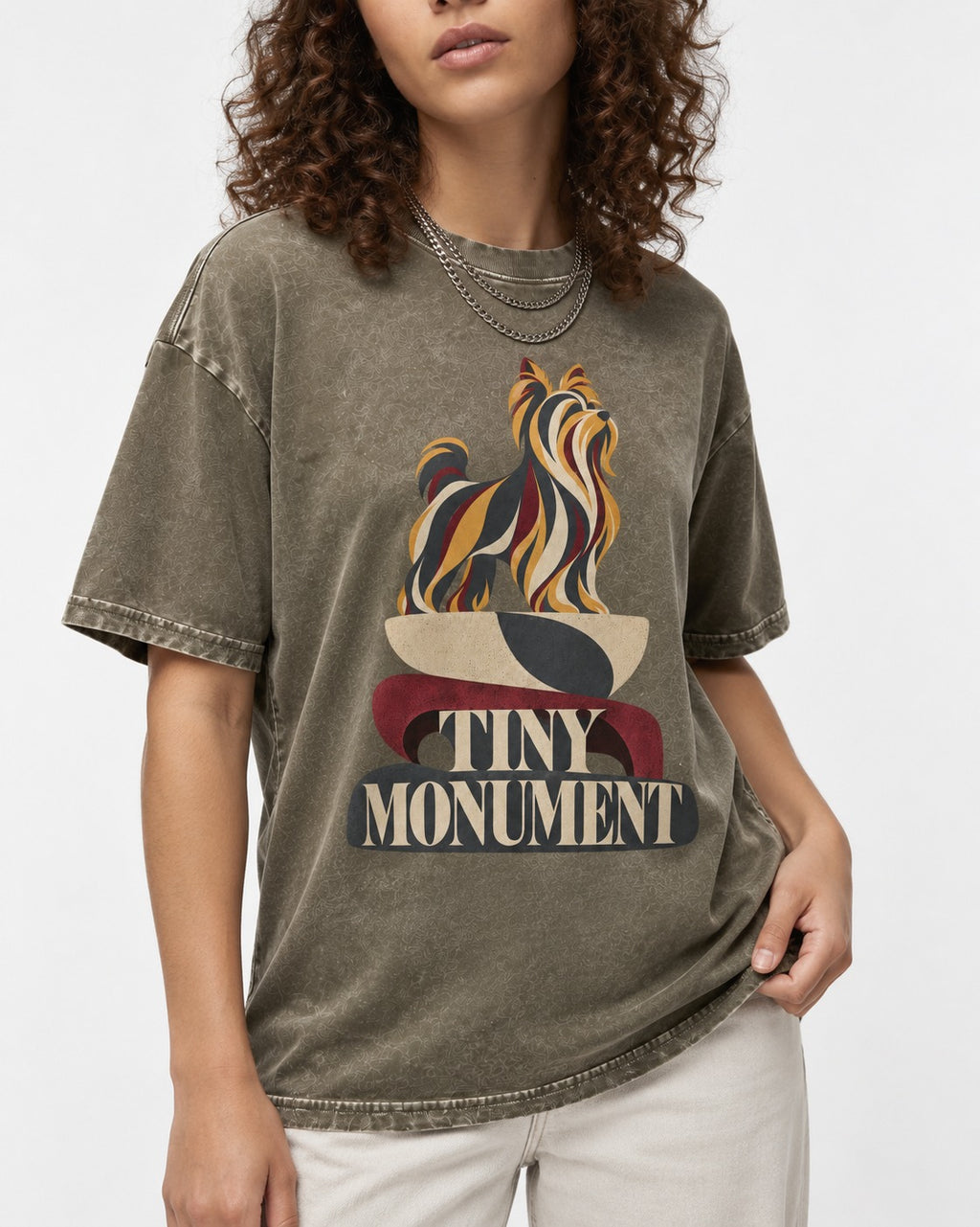 Yorkshire Terrier Tiny Monument Sculptural Plinth Graphic Washed Tee in Army Green, worn by a model, front view