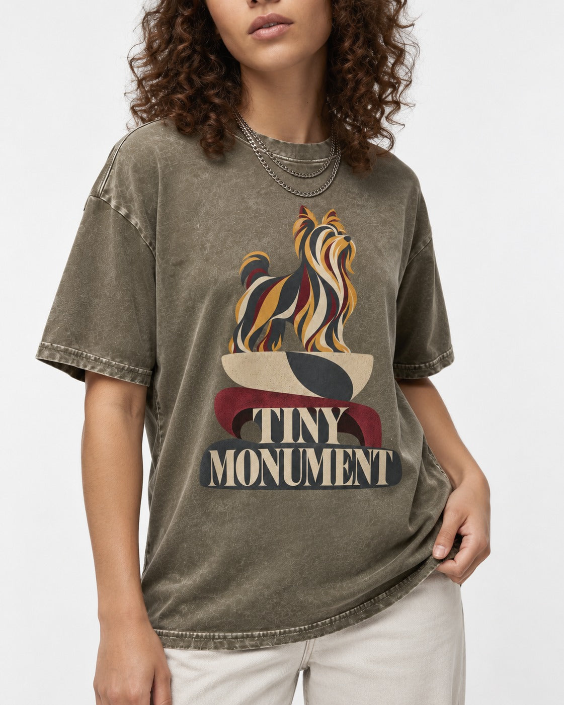 Yorkshire Terrier Tiny Monument Sculptural Plinth Graphic Washed Tee in Army Green, worn by a model, front view