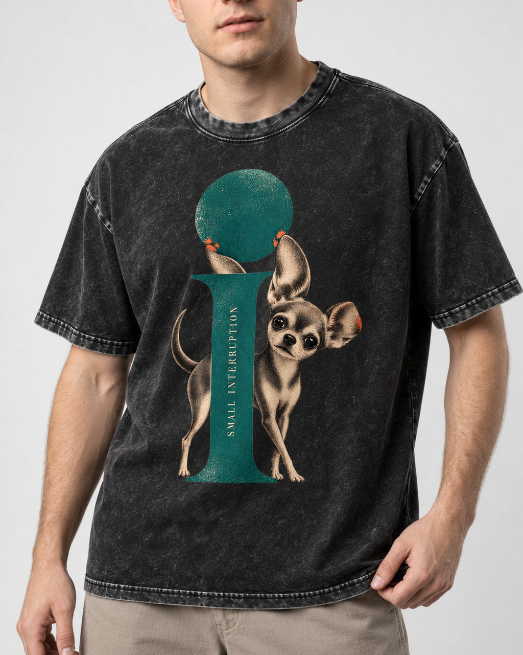 Chihuahua Small Interruption Geometric Portrait Washed Tee in Black, worn by a model, front view