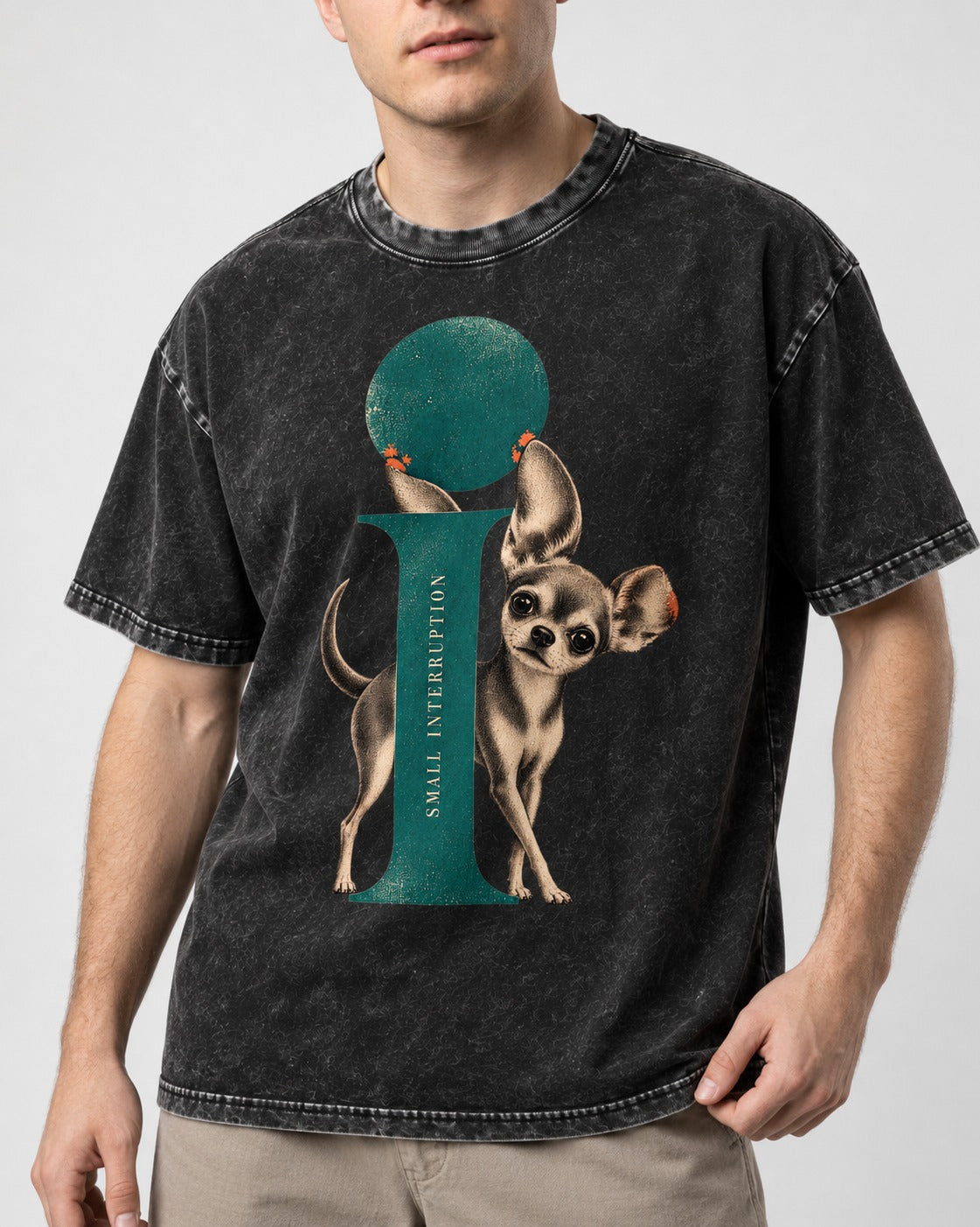 Chihuahua Small Interruption Geometric Portrait Washed Tee in Black, worn by a model, front view